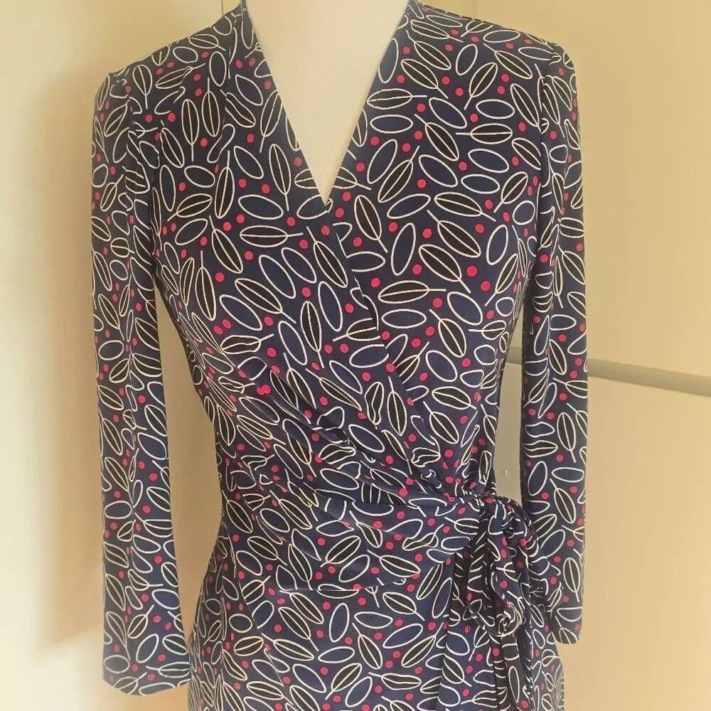 1990s Anne Klein Vtg Navy Abstract Knit Faux Wrap Dress, 3/4 Sleeve, NWOT, S